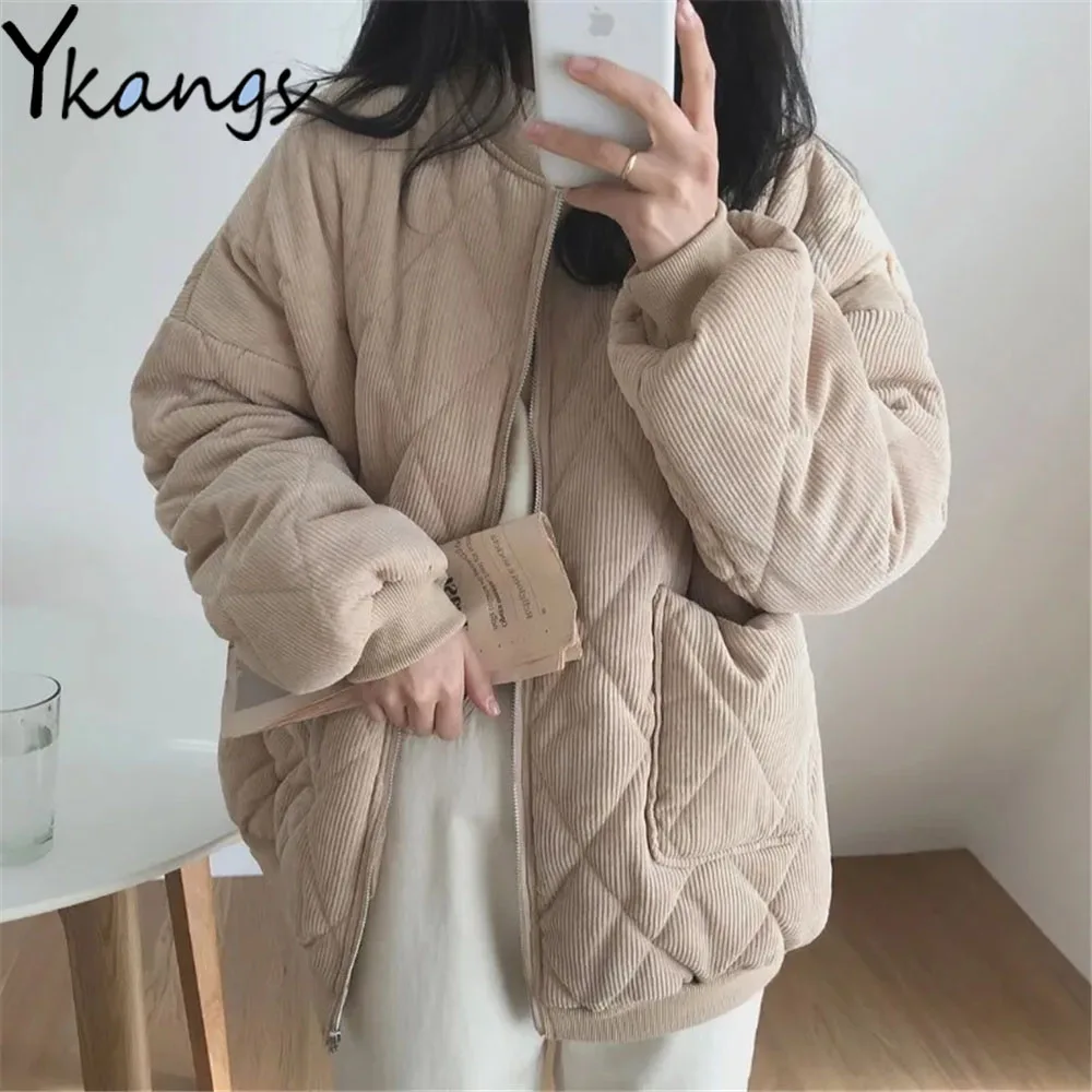 Diamond Pattern Corduroy Quilted Coat Simple Office Lady Cotton Padded Jacket Women Streetwear Clean Korean Fashion Y2k Clothing