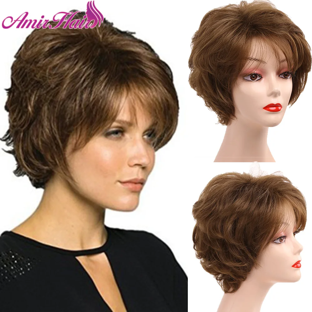 Synthetic Short Curly Wig Brown Layered Ombre Dark Brown Wigs for Women Daily Wigs with Bangs Heat Resistant Wavy Wigs