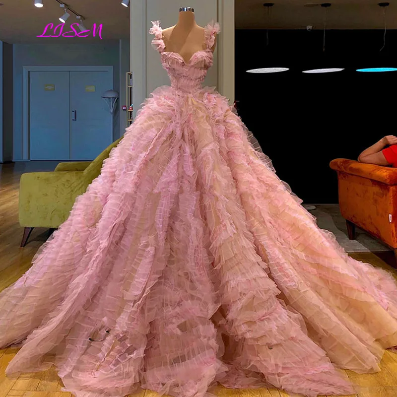 Incrível rosa nuvem vestido de festa arábia saudita vestidos de baile longos 2021 robe de soiree camadas formal dubai árabe noite vestido