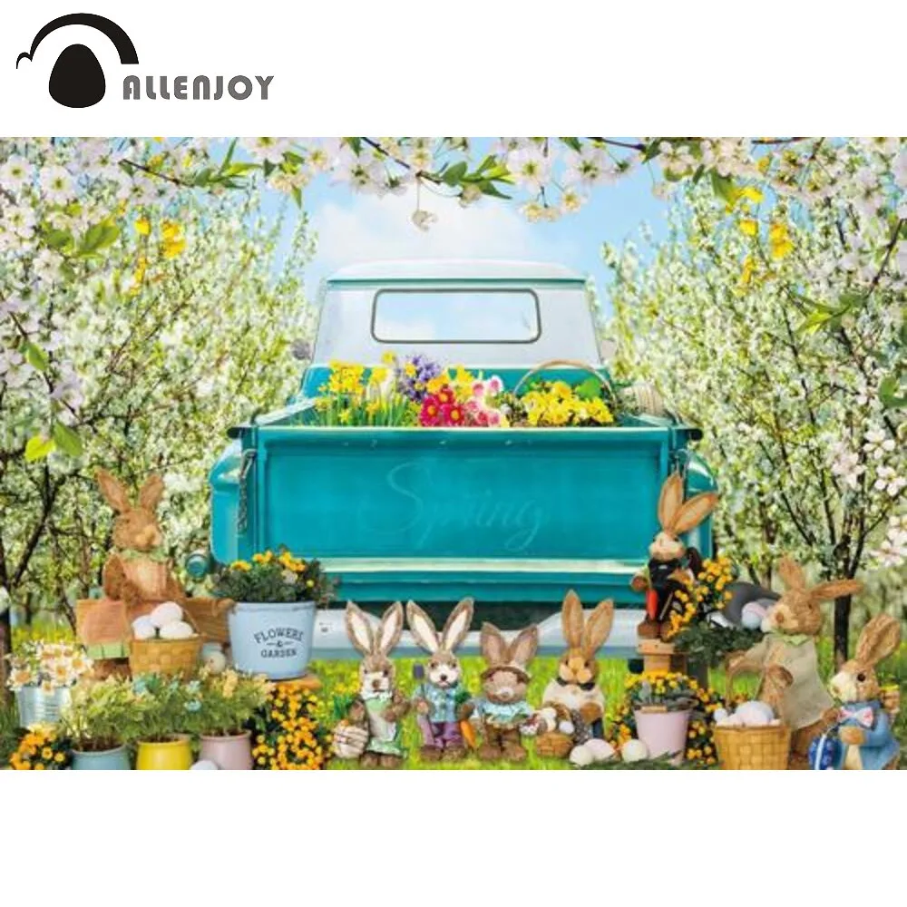 

Allenjoy Spring Easter Truck Backdrop Bunny Floral Garden Newborn Birthday Baby Shower Party Decor Banner Photography Background