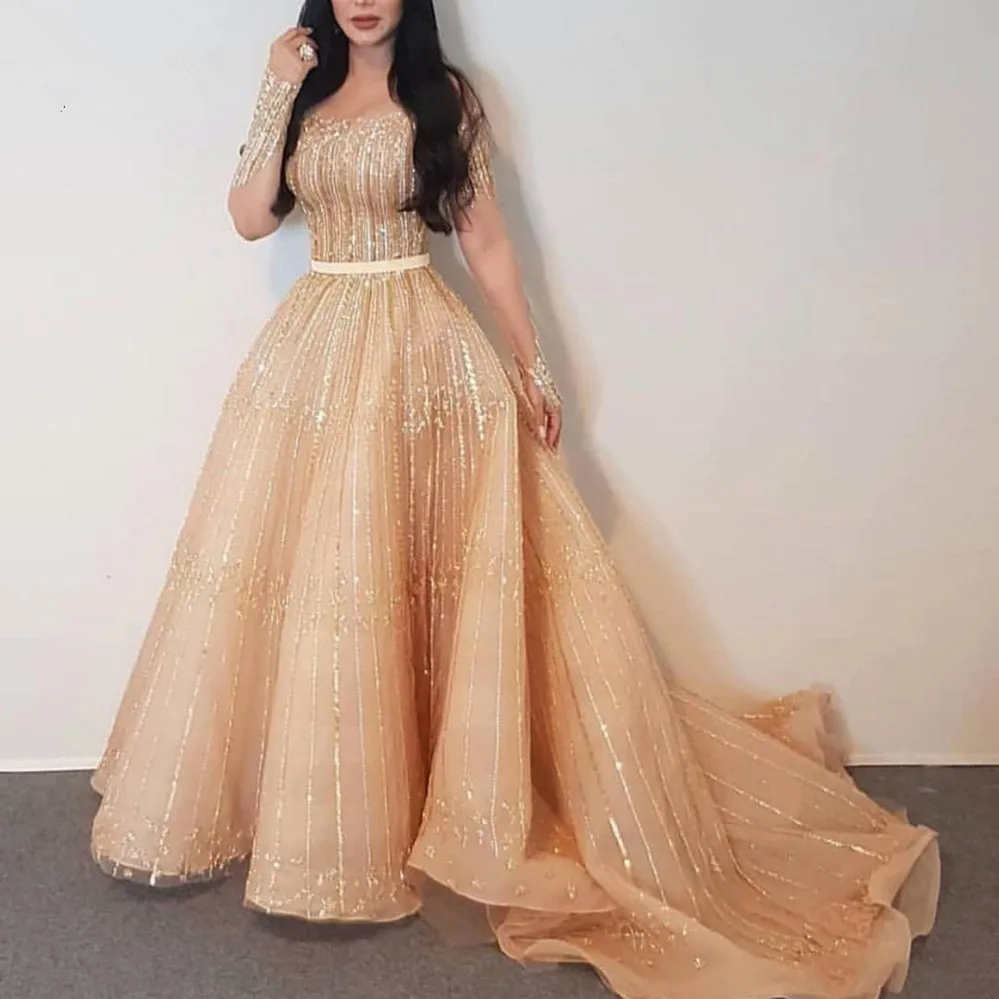 Luxury Champagne Beaded Sequined Prom Dresses Full Sleeves A-line Prom Gowns Abendkleider Saudi Arabic Party Dresses