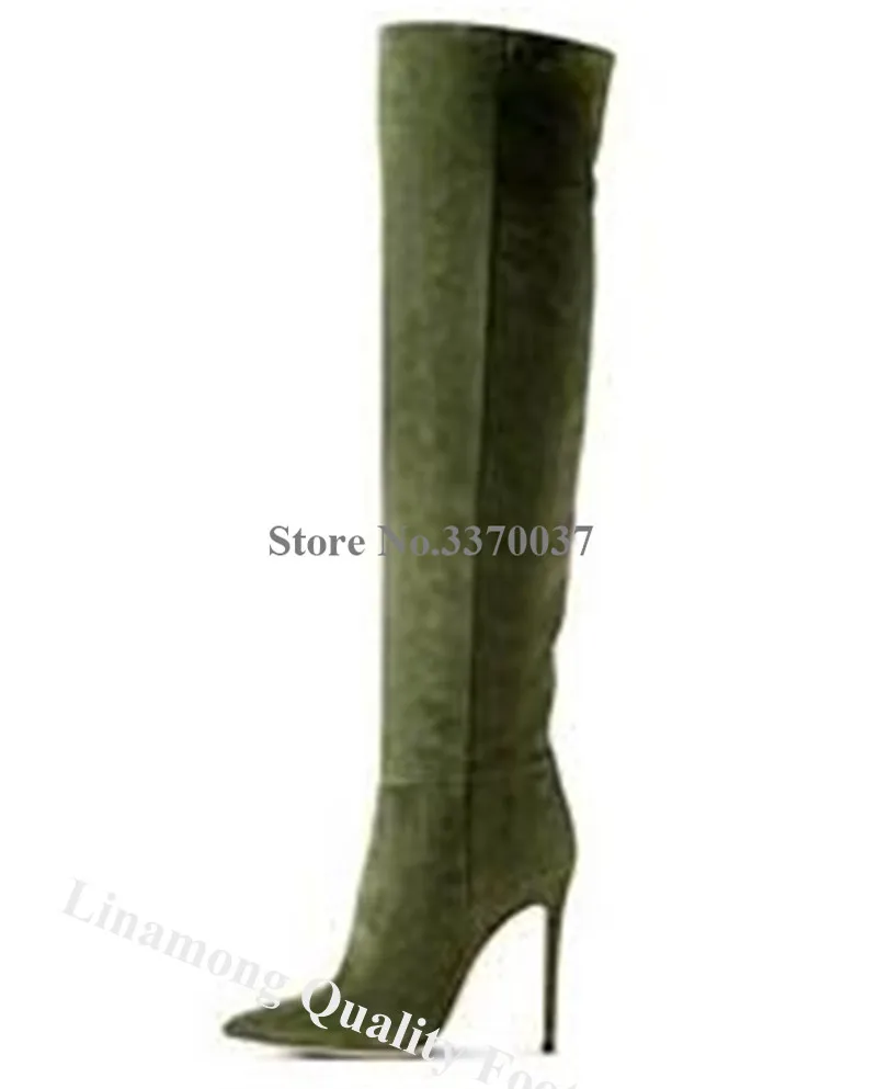 Top Brand Women Pointed Toe Suede Leather Knee High Stiletto Heel Boots Army Green Long High Heel Boots Sexy Dress Heels