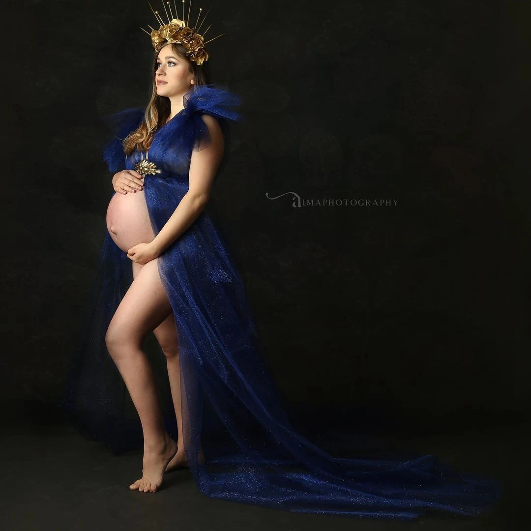 

Glitter Navy Blue See Thru Long Tulle Maternity Dresses Photography Open Front Long Women Dresses A-line Night Gowns