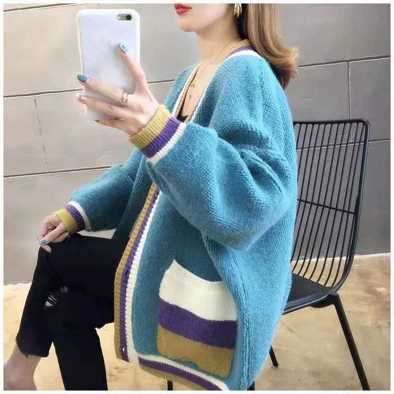 Women Casual Loose Sweater Coat Jacket Cashmere Cardigans Candy Color Knitted Sweater Korean Top Patchwork Large Big Jacket