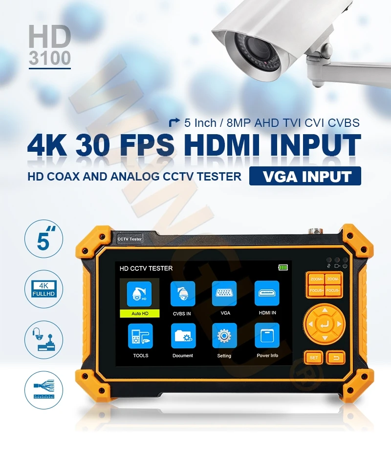 5 Inch HD CCTV Tester Monitor CVBS AHD CVI TVI 8MP Camera Testing VGA HDMI Input 12V output