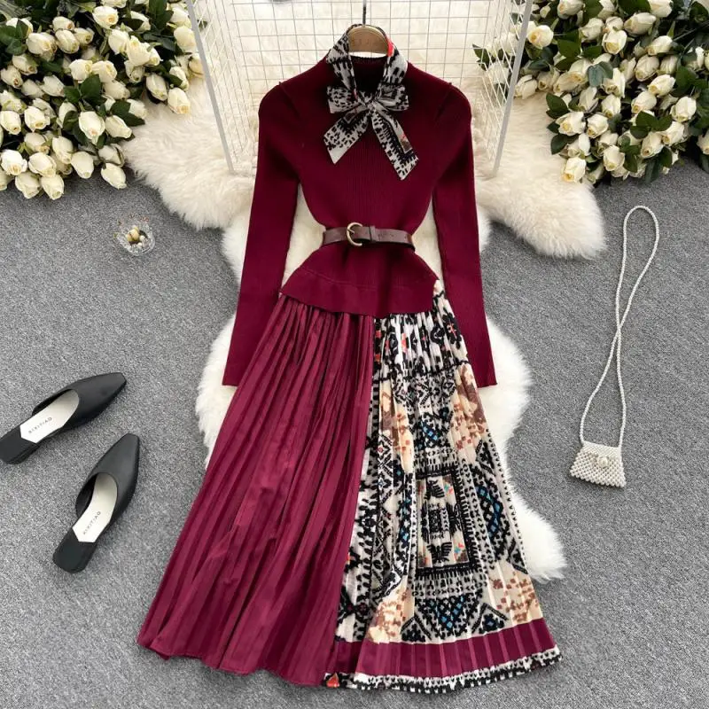 Banulin 2024 autunno inverno moda pista Vintage elastico vestito lavorato a maglia donna manica lunga Patchwork pieghettato abito longuette con
