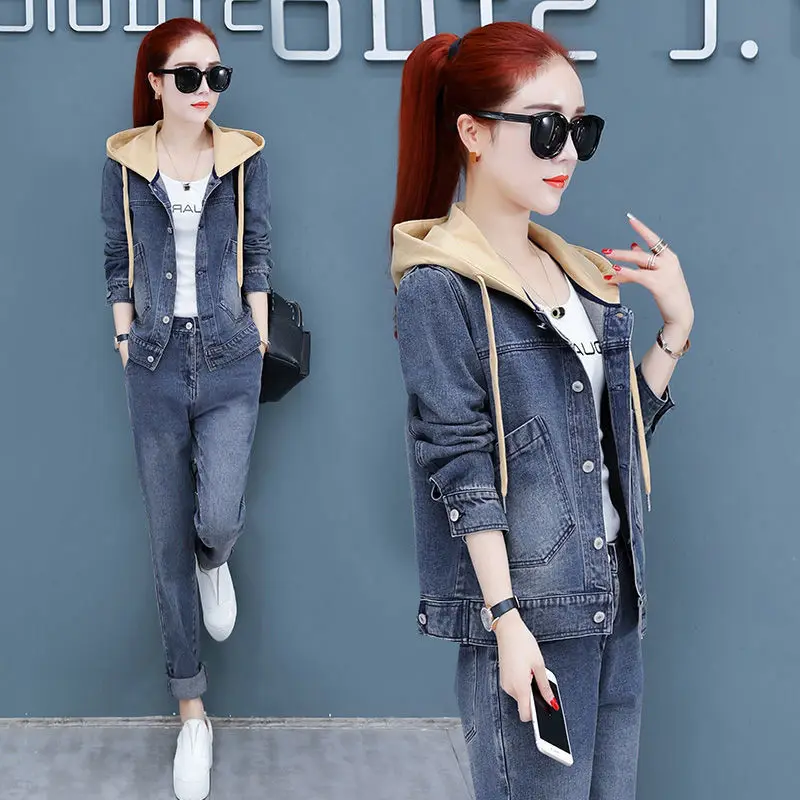 

Autumn And Winter Fashion Denim Women's Jacket Trousers Track Suit Hooded Track Suit Women's Two-piece Suit