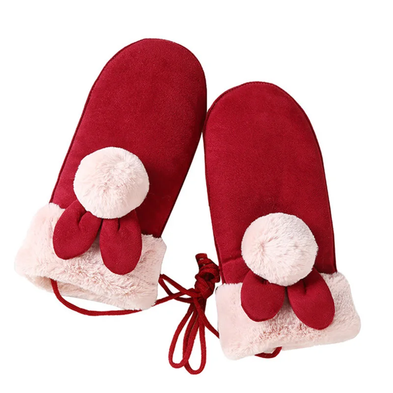 Children Cartoon Rabbit Ears Mitten Winter Thicker Warm Plush Cuffs Suede Leather Men/Women Student Outdoor Sport Cute Glove 15A