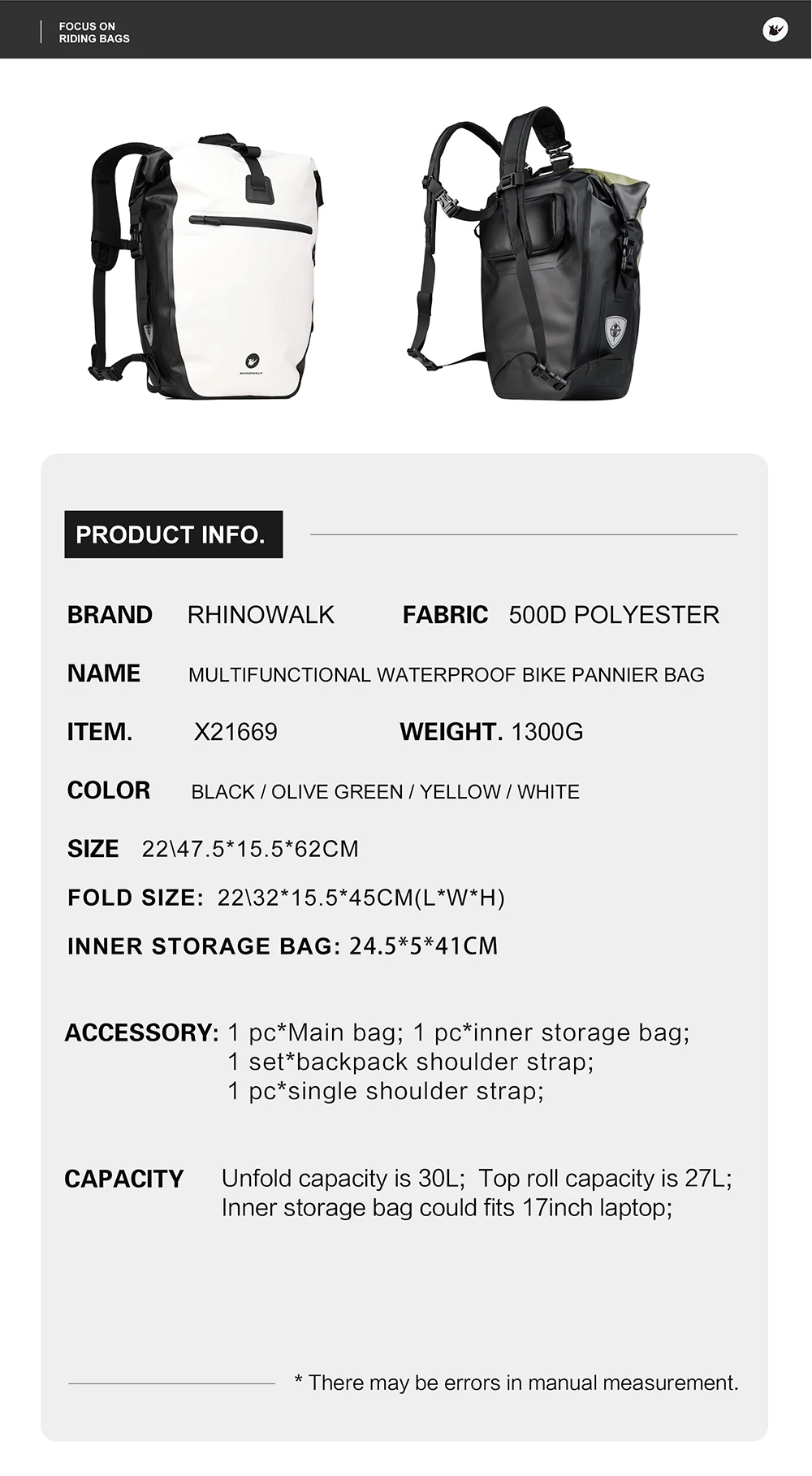 Rhino walk Bike Packt asche wasserdicht 27l Fahrrad Side Pack multifunktion ale Rücksitz Radfahren Travelling Storage Bikepacking – Detail 22
