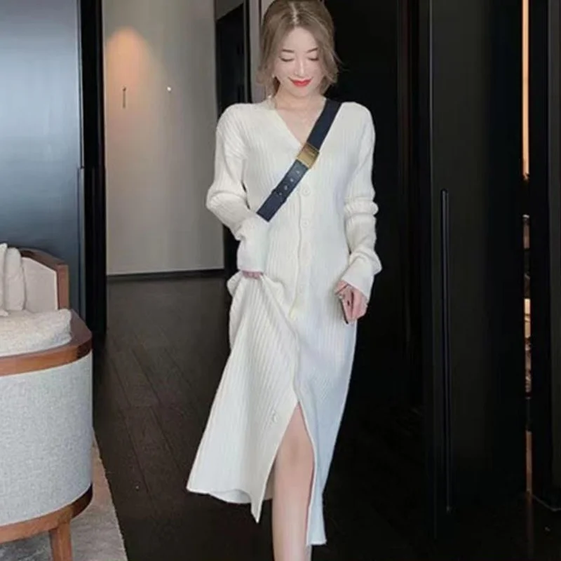 

Women Long Dress Knitted Sweater Dresses Loose V-neck Single breasted Maxi Dresses Women