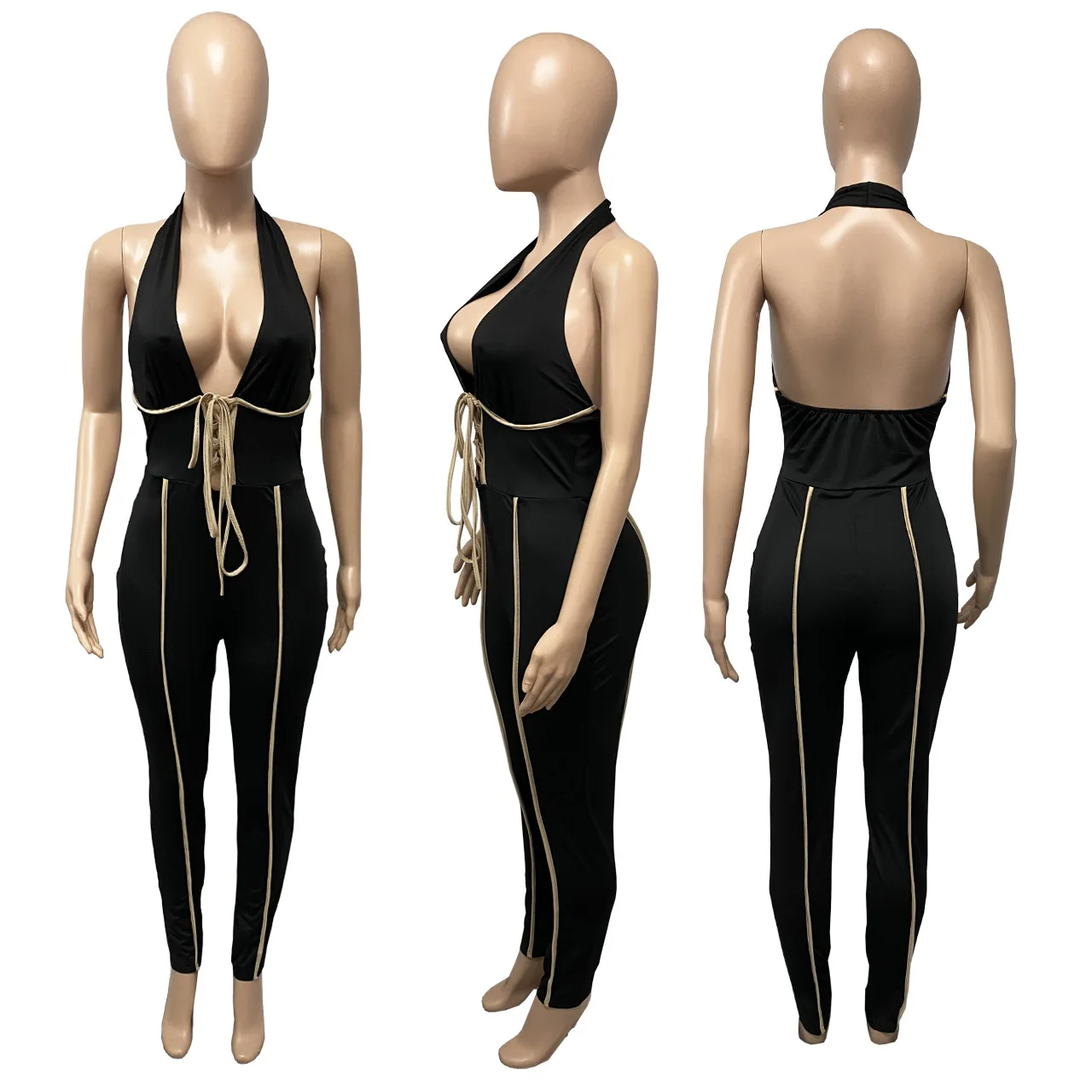 Sexy Stripe Patchwork Halter Hollow Out Jumpsuit Women Sleevelss Lace Up Pencil Pants Bodycon Romper One Piece Fashion Nigh Club