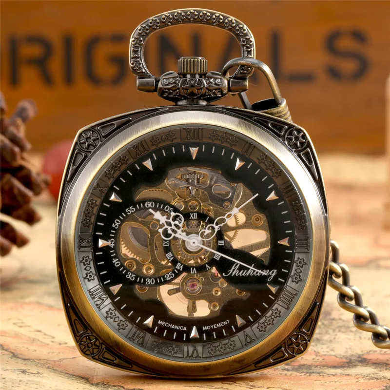 

Bronze Square Case Men Women Handwinding Mechanical Pocket Watch with Pendant Chain Skeleton Clock Retro Timepiece