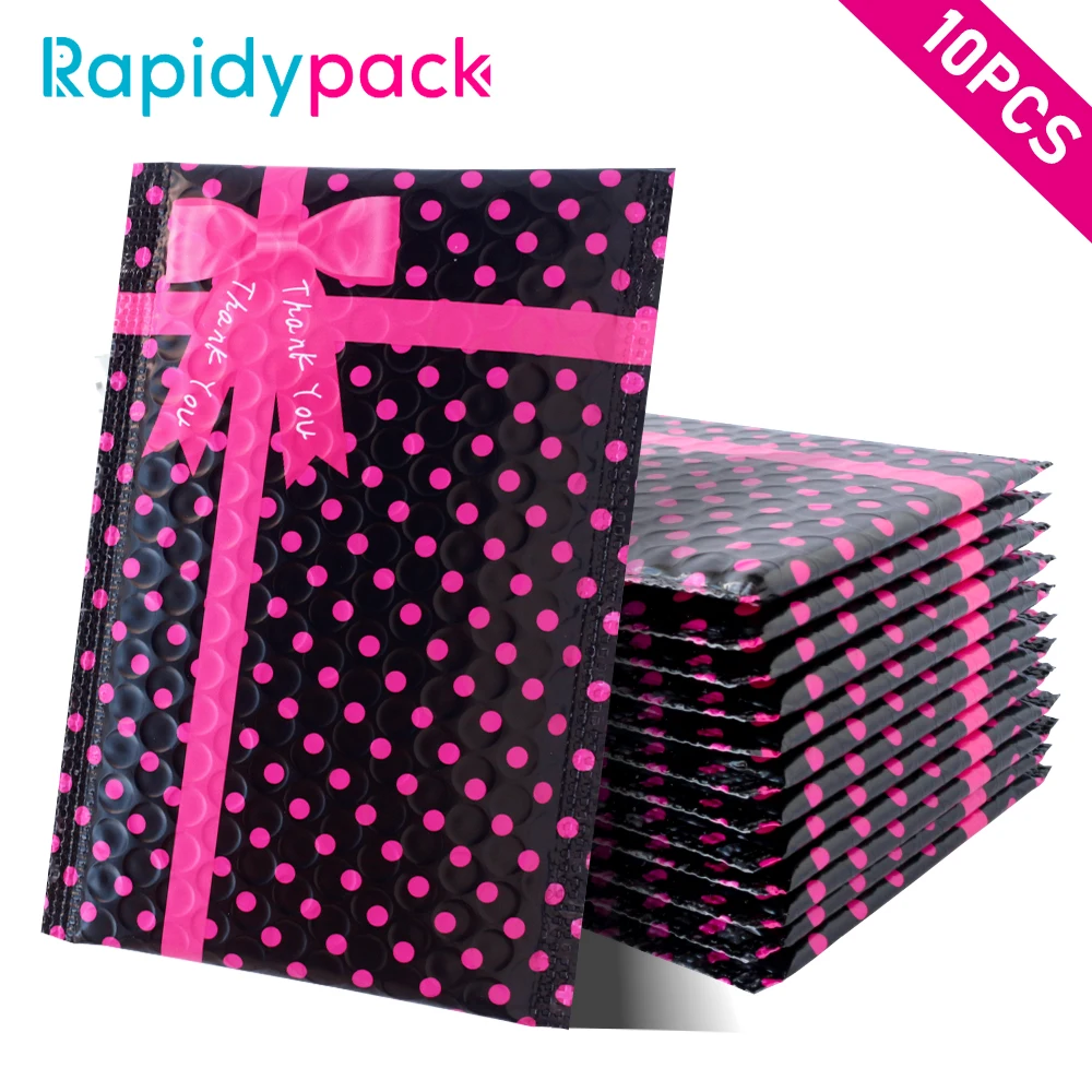 Rapidypack 10 pçs 4x8 small small pequeno preto bolinhas poli obrigado mailers bolha, selagem de auto envelopes de correspondência acolchoados