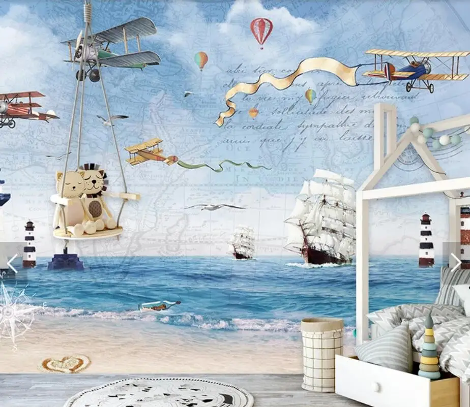 Carton Airplane Wall Mural Photo paper for Living Room  Paper Rolls Contact  Sailboat Sea 3d  Murals Custom