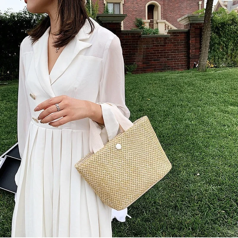 Summer Woven Bags Casual Shoulder Bag Women Underarm Vacation Brief Style Retro Vintage Designed Fashion Buckets Handbags Trendy