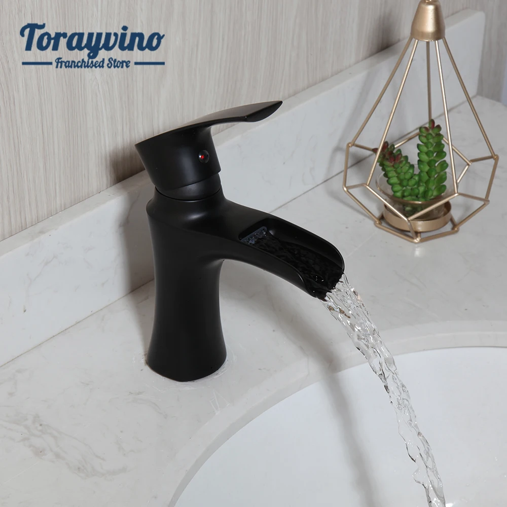 

Torayvino Bathroom/Basin Black Finished Brass Faucet Mixer Single Handle/Hole Faucets Sink Deck Mounted Waterfall Taps