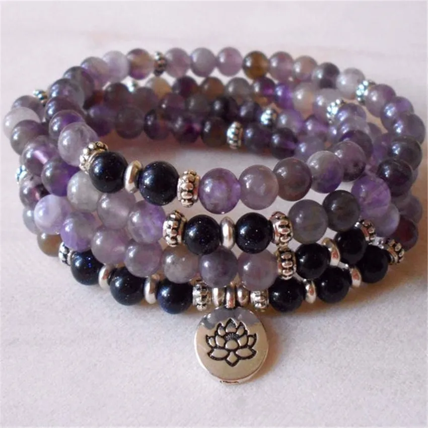 

6mm Amethyst Aventurine 108 Beads Lotus Pendant Bracelet Ruyi Buddhism Yoga Reiki Cuff Meditation Bless Spirituality Prayer