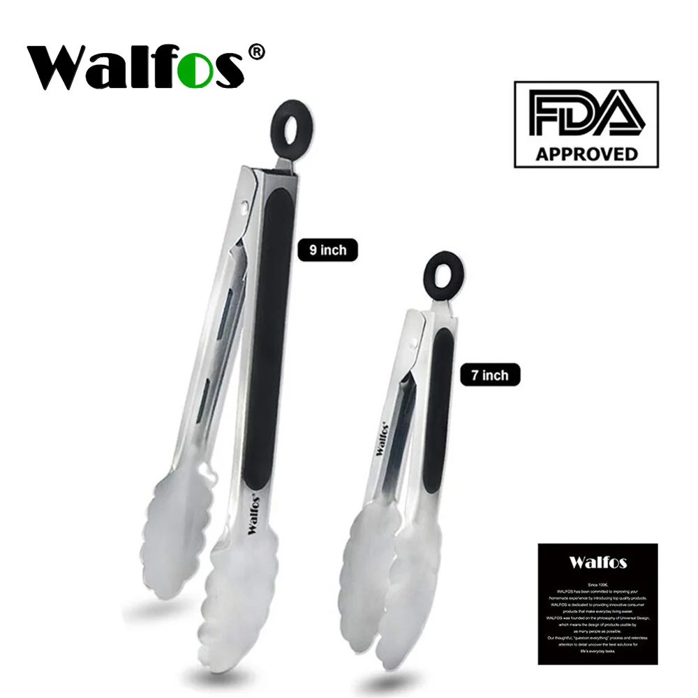 

WALFOS Kitchen Tongs, 430 Premium Stainless Steel and Non-Slip Heat Resistant Handle Great for Cooking, Salad and Barbecue