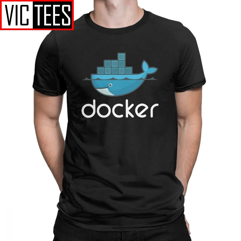 Men Docker Logo T Shirt Linux Javascript Computer Cotton Sweatshirt Funny Short Sleeve Round Neck Tees Graphic T-Shirts