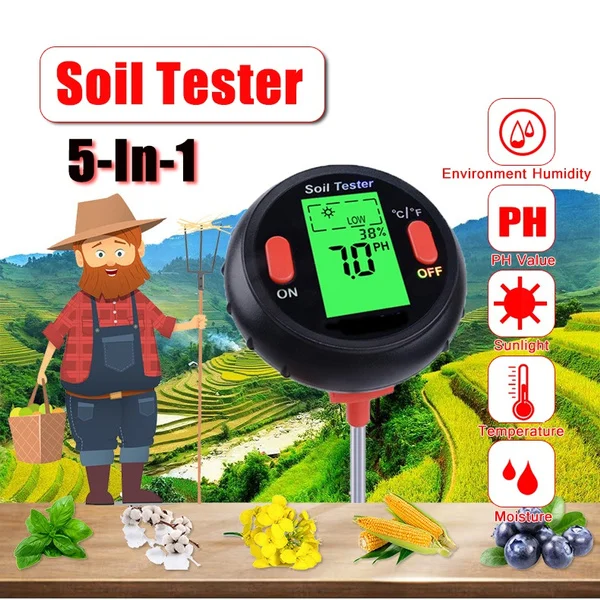 

5 in 1 Soil Test Meter, Digital Soil Moisture PH Temperature Light Tester LCD for Garden Lawn