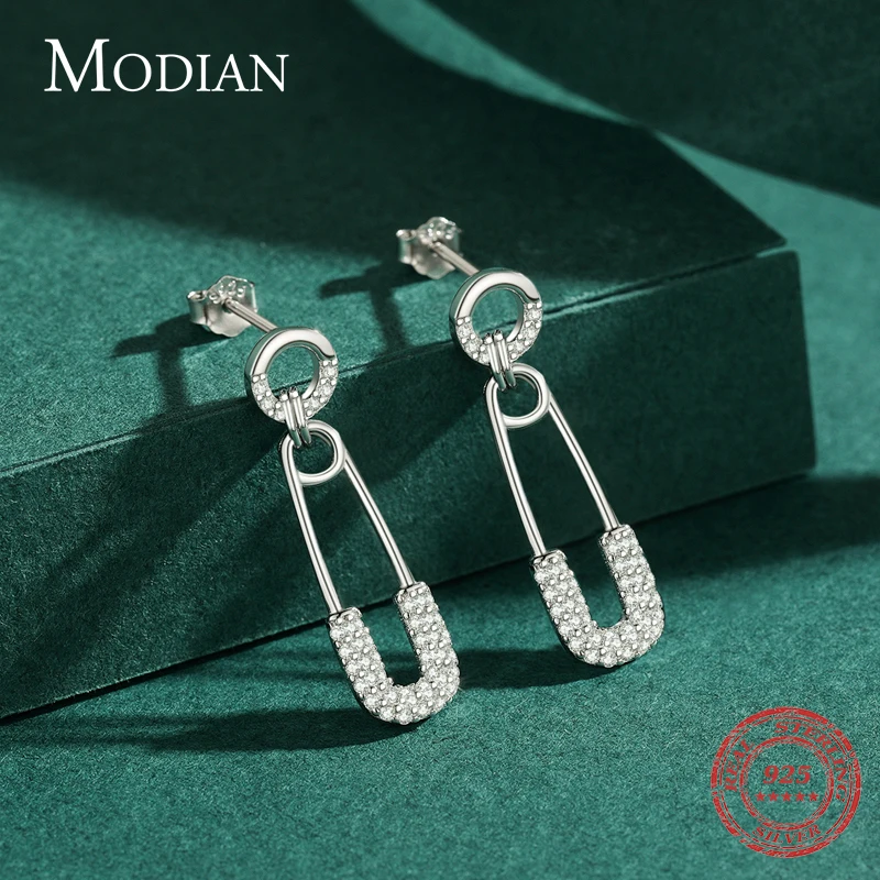 Modian 925 Sterling Silver Earring For Women Girls Dazzling Swing Pin Clear CZ Stud Earrings Trendy Brooch Wedding Fine Jewelry
