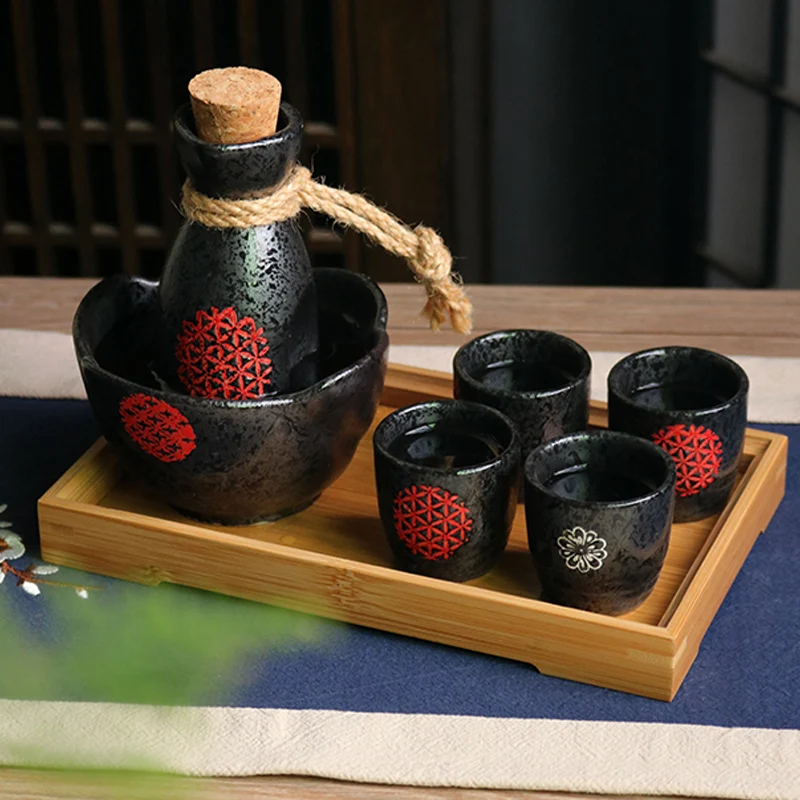 Japanese sake set white rice wine cup warmer hot pot bamboo tray retro style small black ceramic wineware