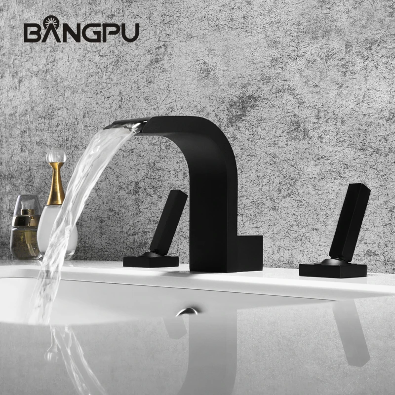 

BANGPU 3 Hole Bathroom Faucet Black Basin Faucet Deck Mounted Waterfall Sink Faucet Bathroom Tap Double Handle Solid Brass