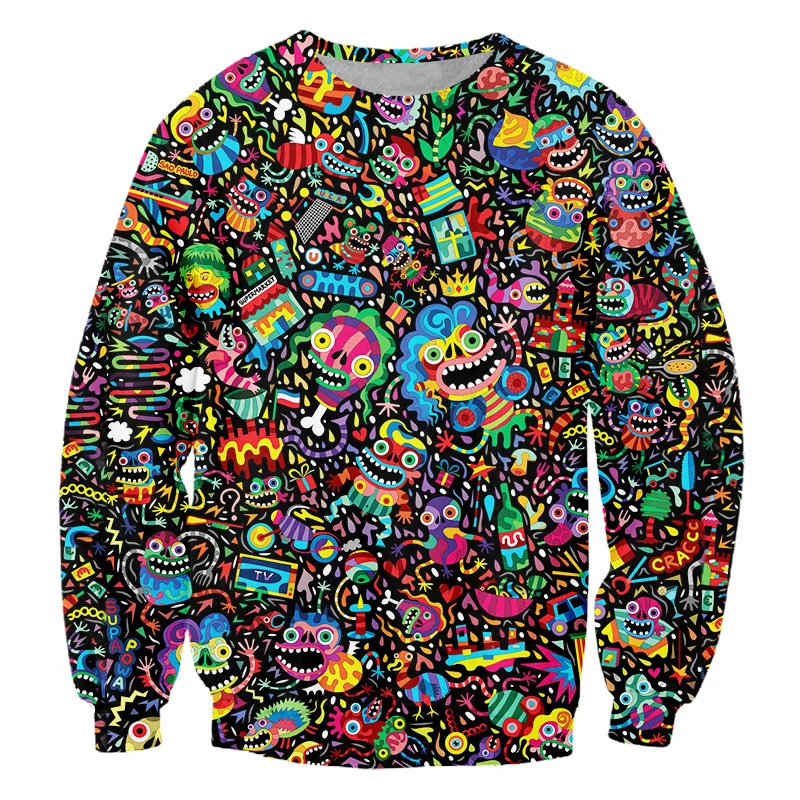 Psychedelic Graffiti Monster Men Streetwear 3D Pattern Hip Hop Autumn Spandex O-neck Oversize Couple Casual Men's Sweatshirt