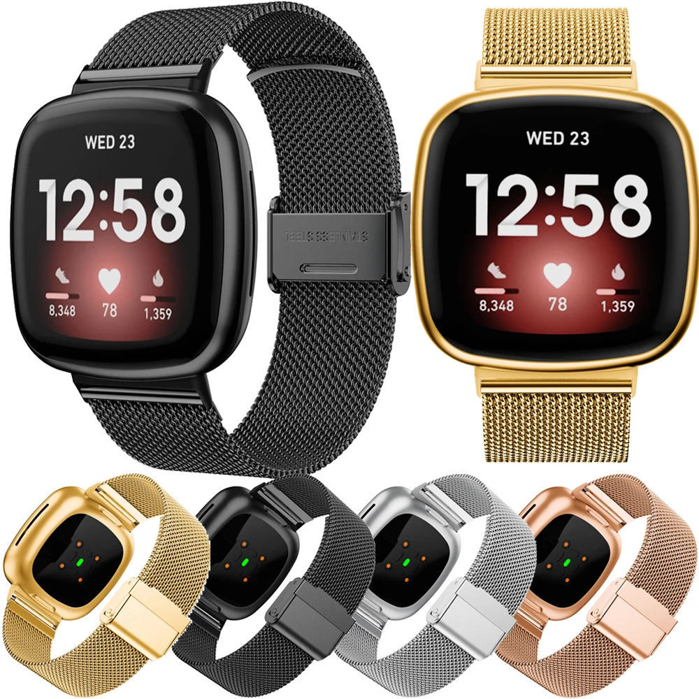 Pulseira de aço inoxidável para relógio, pulseira para fitbit versa 3 e sense