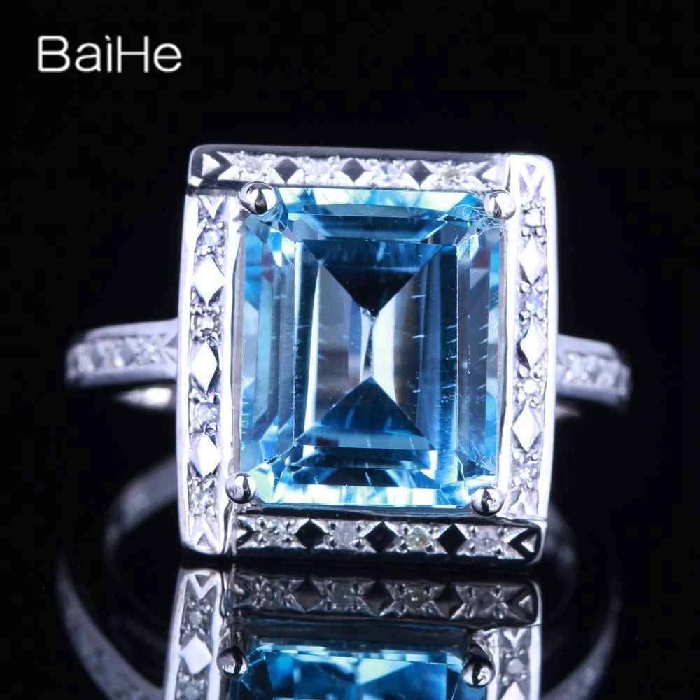 BAIHE Real Solid 14K White Gold Sky Blue Topaz rings for women men Trendy Wedding Engagement Fine Jewelry кольца anillos anel