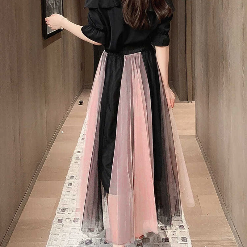 Casual Plus Size Tulle Skirt Women+short Sleeve Buttoned Shirt Two-piece Suit Fashion Long Pleated Mesh Skirts New A-line Skirt