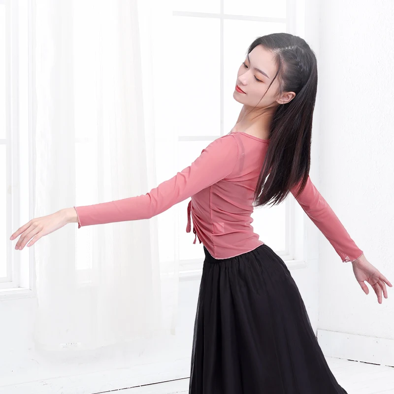 Classical Dance Clothes Women See Through Solid Mesh Tops Long Sleeve Drawstring Ballet T-Shirt Women Dance Costume