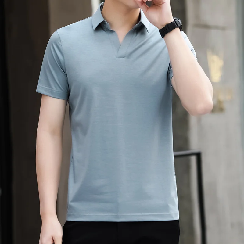 

New 2022 Summer Fashion Man Mulberry Silk Short Sleeve Polo Shirt Men Casual Slim Fit Lapel Casual Solid Color Polo Shirts B159