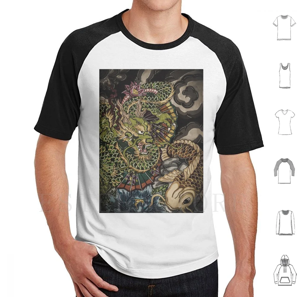 Japanese Dragon And Koi Fish T Shirt DIY Big Size 100% Cotton Color Artwork Watercolor Ink Myart Markers Graphic Paintings