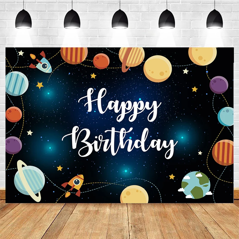 Mocsicka Birthday Party Photography Background Universe Planet Rocket Decoration Props Happy Birthday Photo Backdrop Studio