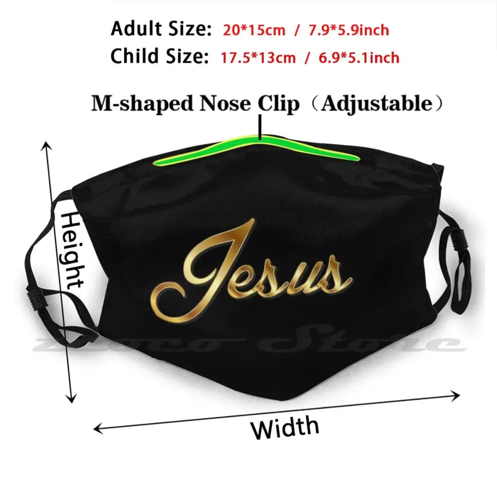 Face Mask , Christian , Jesus In Gold Writing. Face Mask For Church. Mask Cloth Reusable Print Filter Washable Christian Jesus