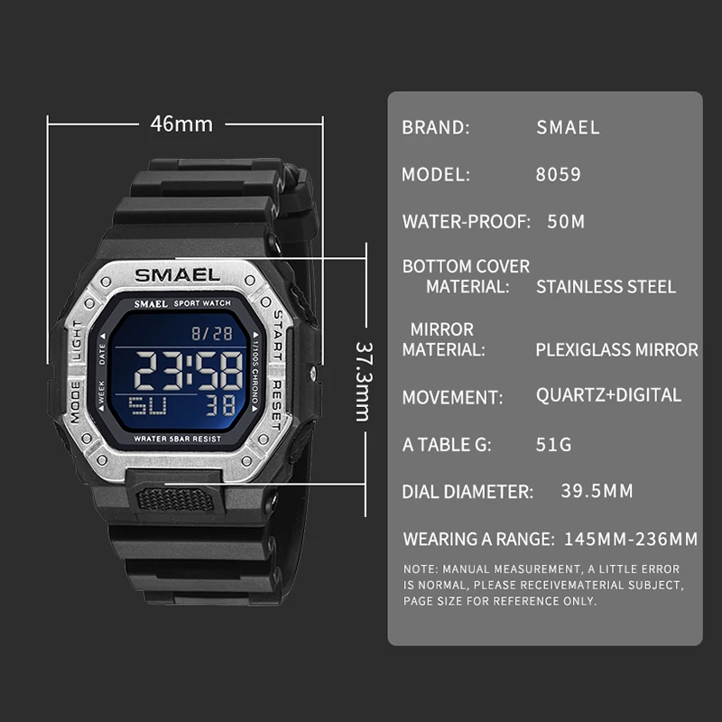 Orologio digitale elettronico SMAEL orologio da polso Shock cronometro 50M impermeabile Rectanle Led Clocke 8059 orologi da uomo sport per uomo