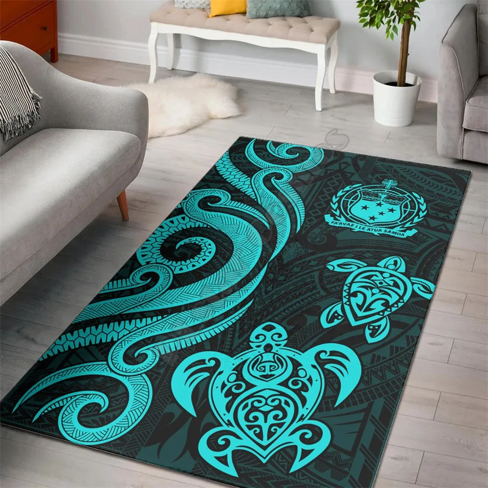 

Samoa Area Rug Turquoise Tentacle Turtle Rug Vintage Polynesian Style Printed Bedroom Non-slip Floor Rug