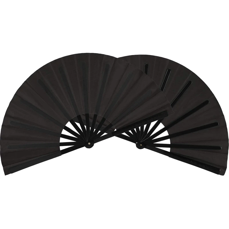 2 Pieces Large Folding Fan Nylon Cloth Handheld Folding Fan Chinese Kung Fu Tai Chi Fan Black Decoration Fold Hand Fan For Party