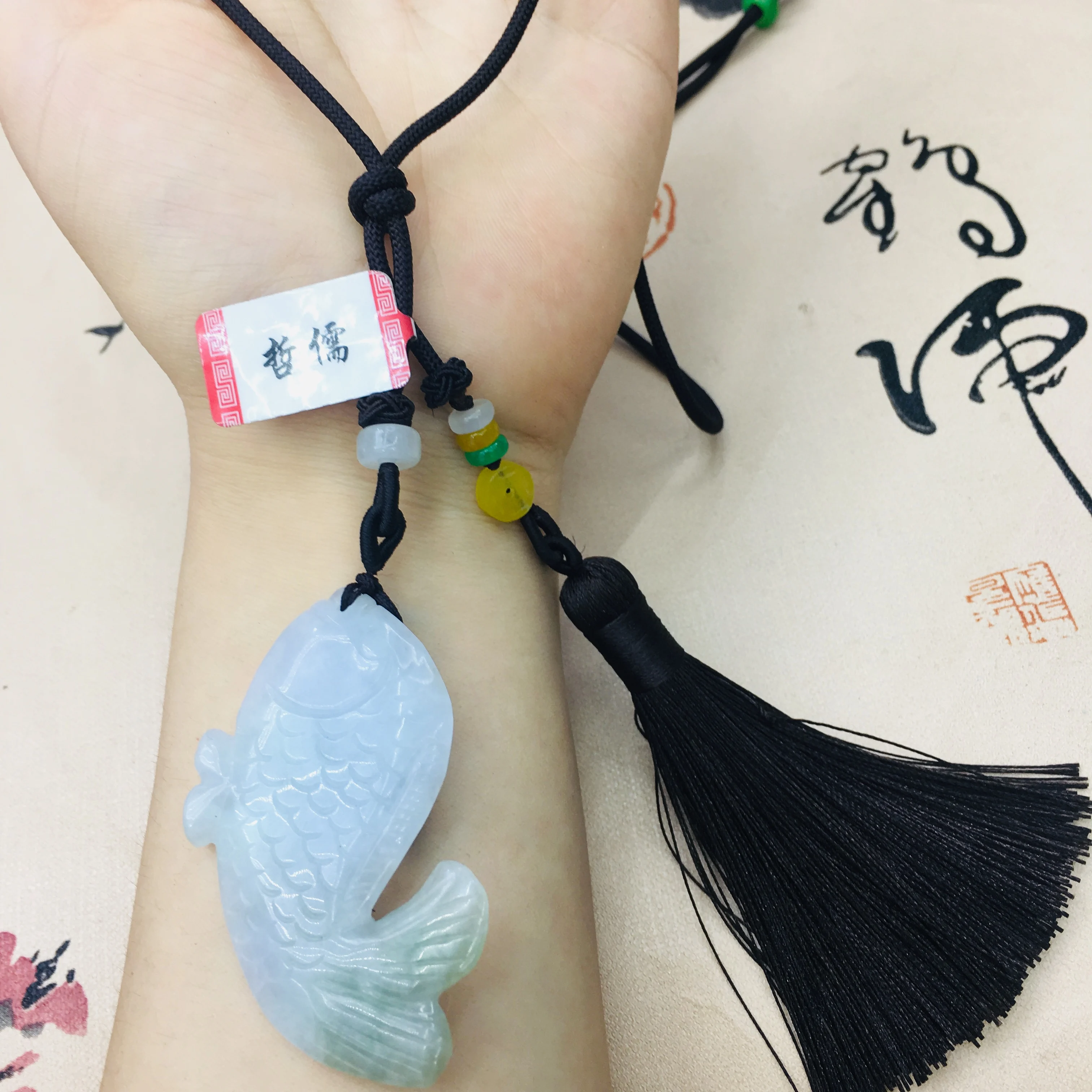 Natural Burmese Emerald Jade Carving Two-Color Fish Pendant with Hand-knitted Tassel Necklace Men's Women's Sweater Chain