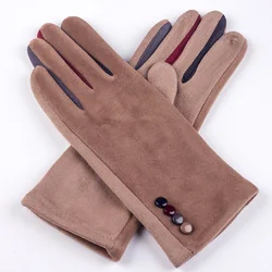 Autumn Winter Female Button Suede Leather Velvet Cashmere Full Finger Warm Bow Glove Women Embroidery Touch Screen Mitten F9