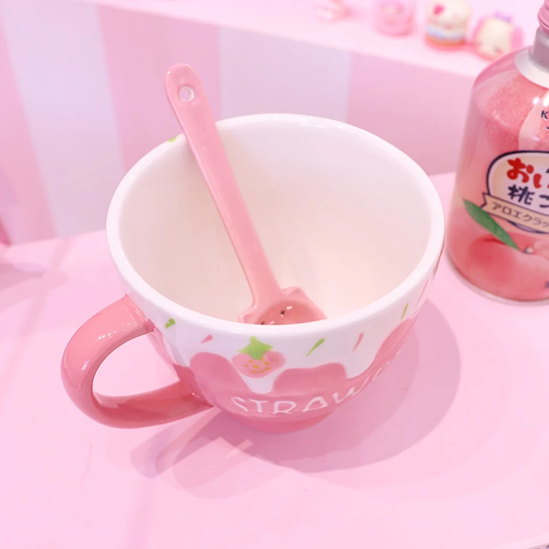 Kawaii Strawberry Milk Mug For Girl Personalised Creative Ceramic Oatmeal Yogurt Dessert Breakfast Mug Cute Coffee Tea Water Cup