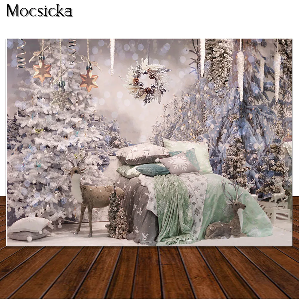 

MOCSICKA Winter Wonderland Photography Backdrops Christmas Snow Kids Photo Props Studio Booth Background Elk Shiny Stars Decor