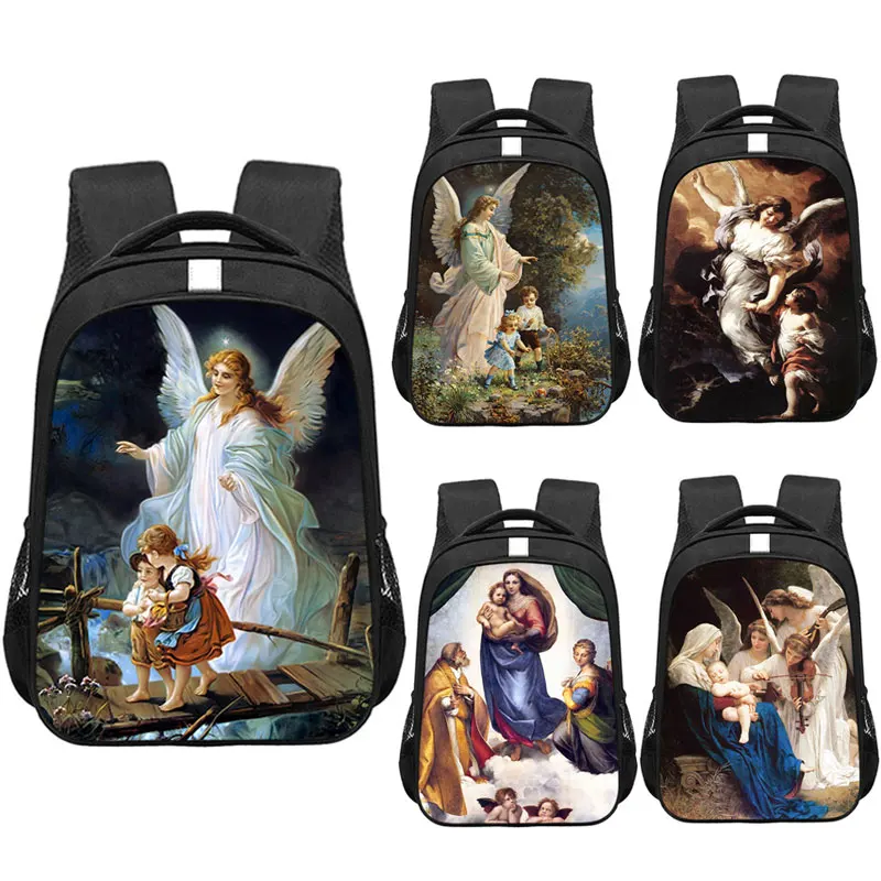 

Angel Watching Over Kids Backpack Women Travel Bags Virgin Mary Baby Jesus Rucksack Children School Bags for Boys Girls Bookbag