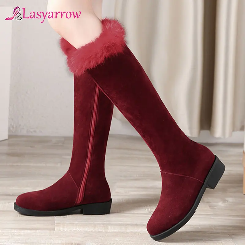 

Lasyarrow 2020 hot sale knee high boots women flock zip thick fur winter boots round toe comfortable low heel casual shoes woman