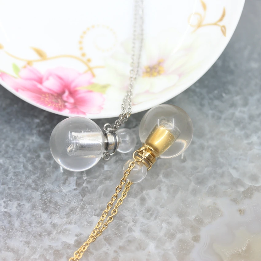 Natural Clear Crystal Round Bead Perfume Bottle gold/silvers Chains Pendants jewelry Bulk ,Faceted Quartz Gems Necklace  making