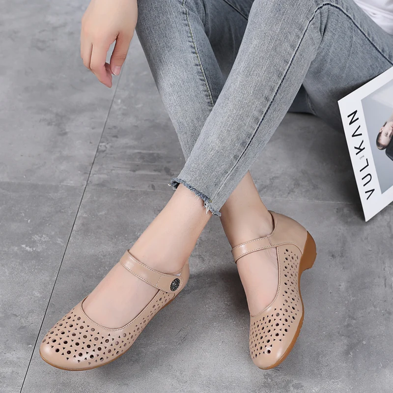 GKTINOO Genuine Leather Ladies Flat Summer Shoes Woman Slip On Casual Loafers Hollow Out Round Toe Soft Comfort Sandals Female