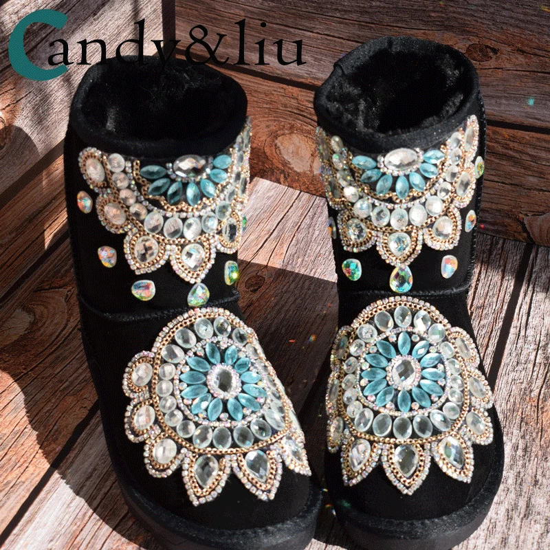 

Female Boots Drill Schoolgirl Winter Thickened Shoes Big Rhinestone Bright Beautiful Anti-slip Cotton Shoes Barrel Women Boots