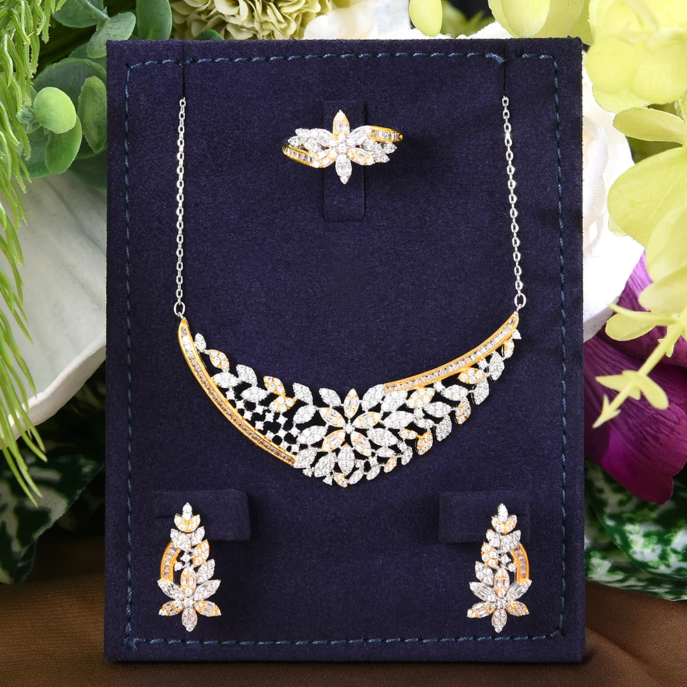 KellyBola Luxury Flower Drop Cubic Zirconia Bridal Girl Cute For Women Nigerian Necklace Earrings Set Bangle Ring Jewelry