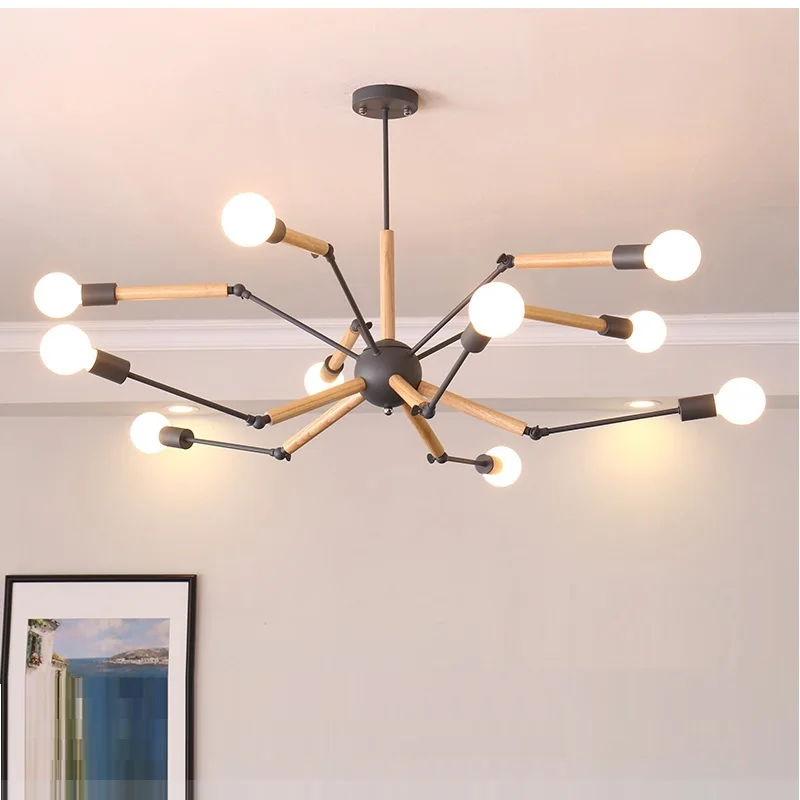 

Vintage spider chandelier Nordic designer lustre industrial E27 Living room Kitchen Restaurant home interior wood light fixture